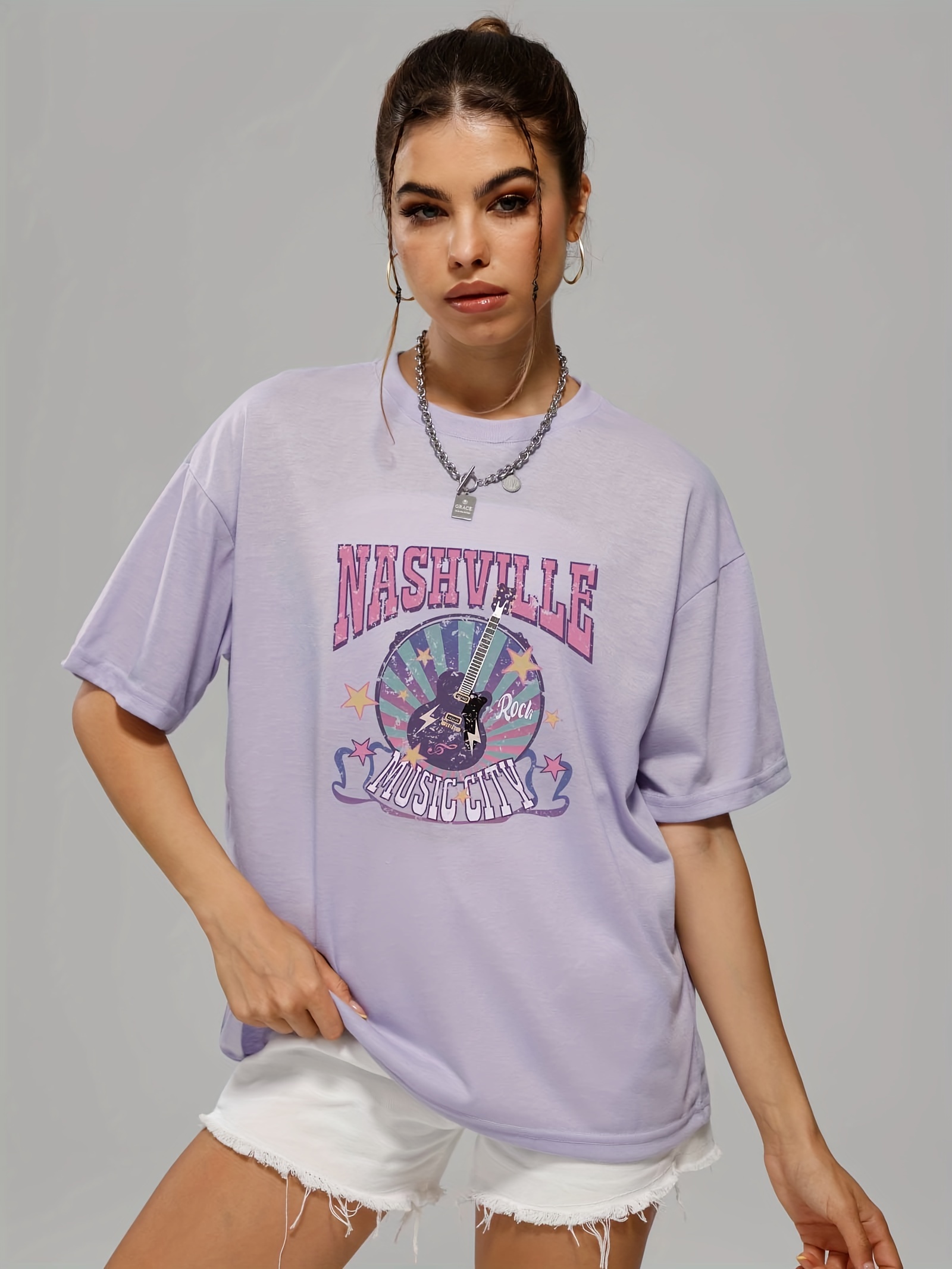 letter music city guitar graphic tee for women summer versatile crew neck casual sports t shirts womens athleisure details 0
