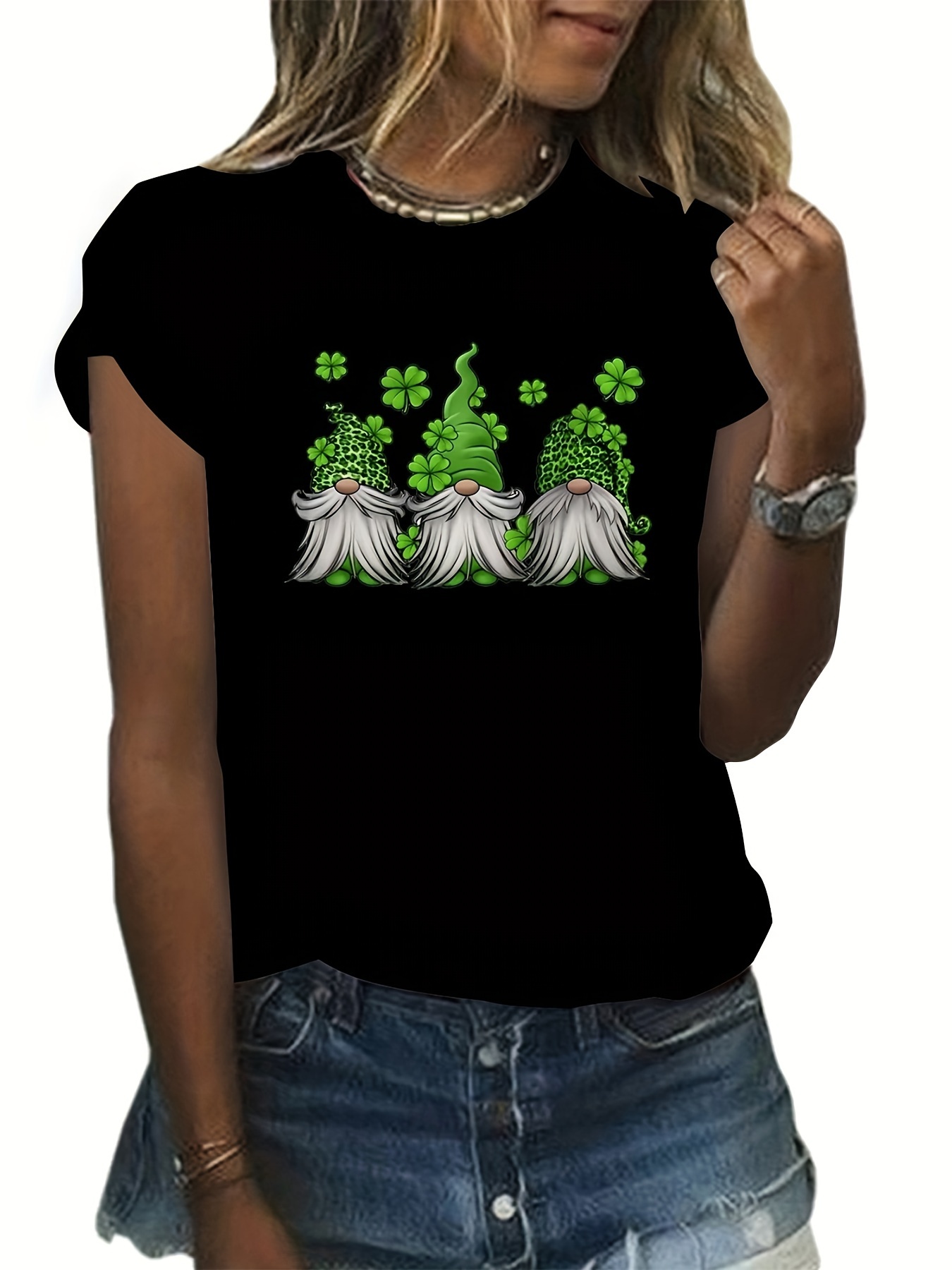 st patricks gnomes graphic round neck t shirt short sleeve casual sports tops womens activewear details 1