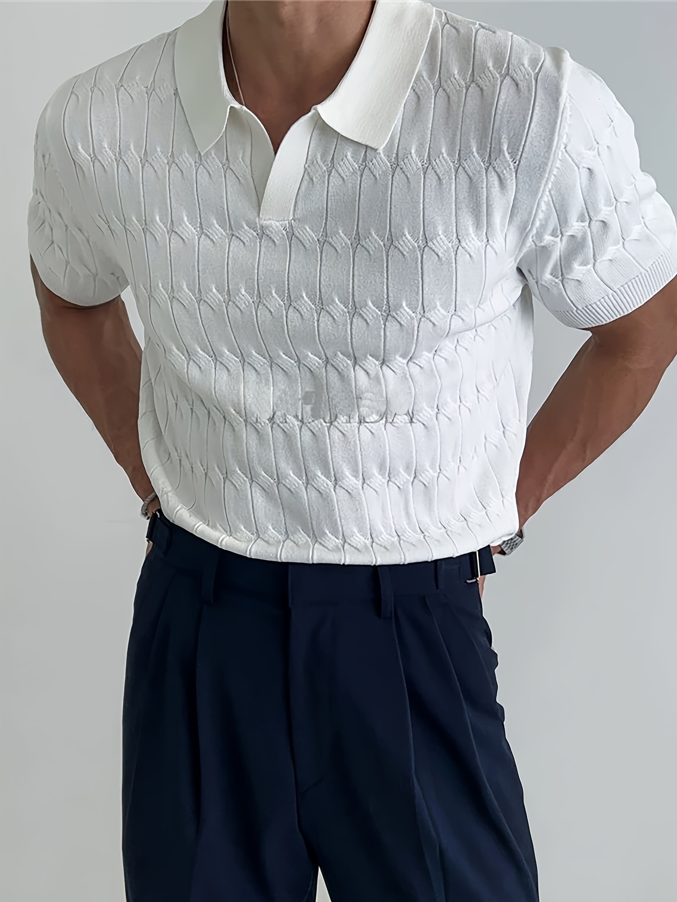 mens classic solid lapel knitted shirt casual mid stretch breathable short sleeve top for outdoor details 1