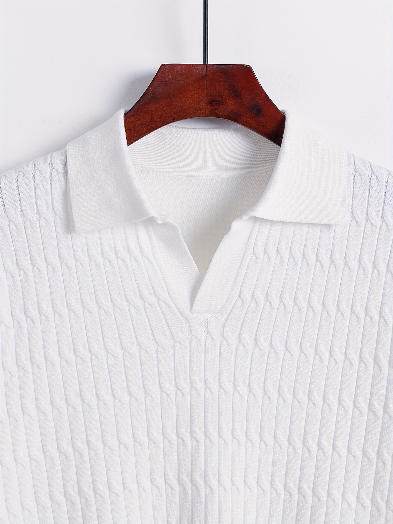 mens classic solid lapel knitted shirt casual mid stretch breathable short sleeve top for outdoor details 3