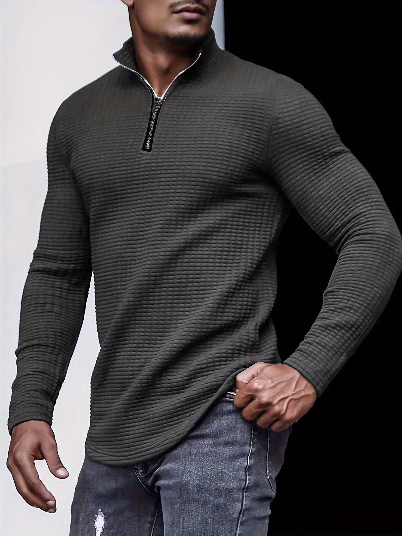 new mens spring and autumn winter solid color jacquard waffle zipper stand collar sweatshirt details 2