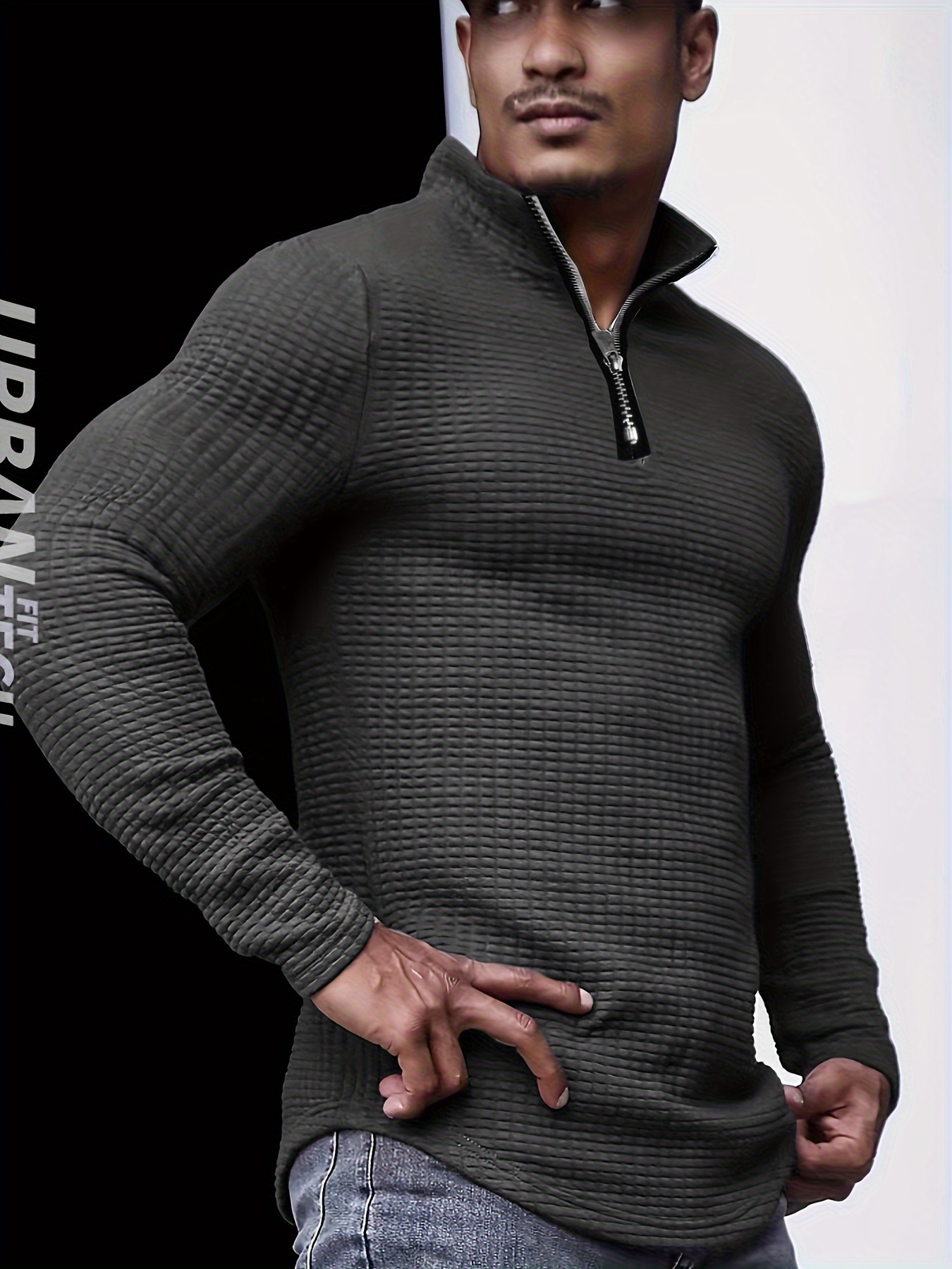 new mens spring and autumn winter solid color jacquard waffle zipper stand collar sweatshirt details 4