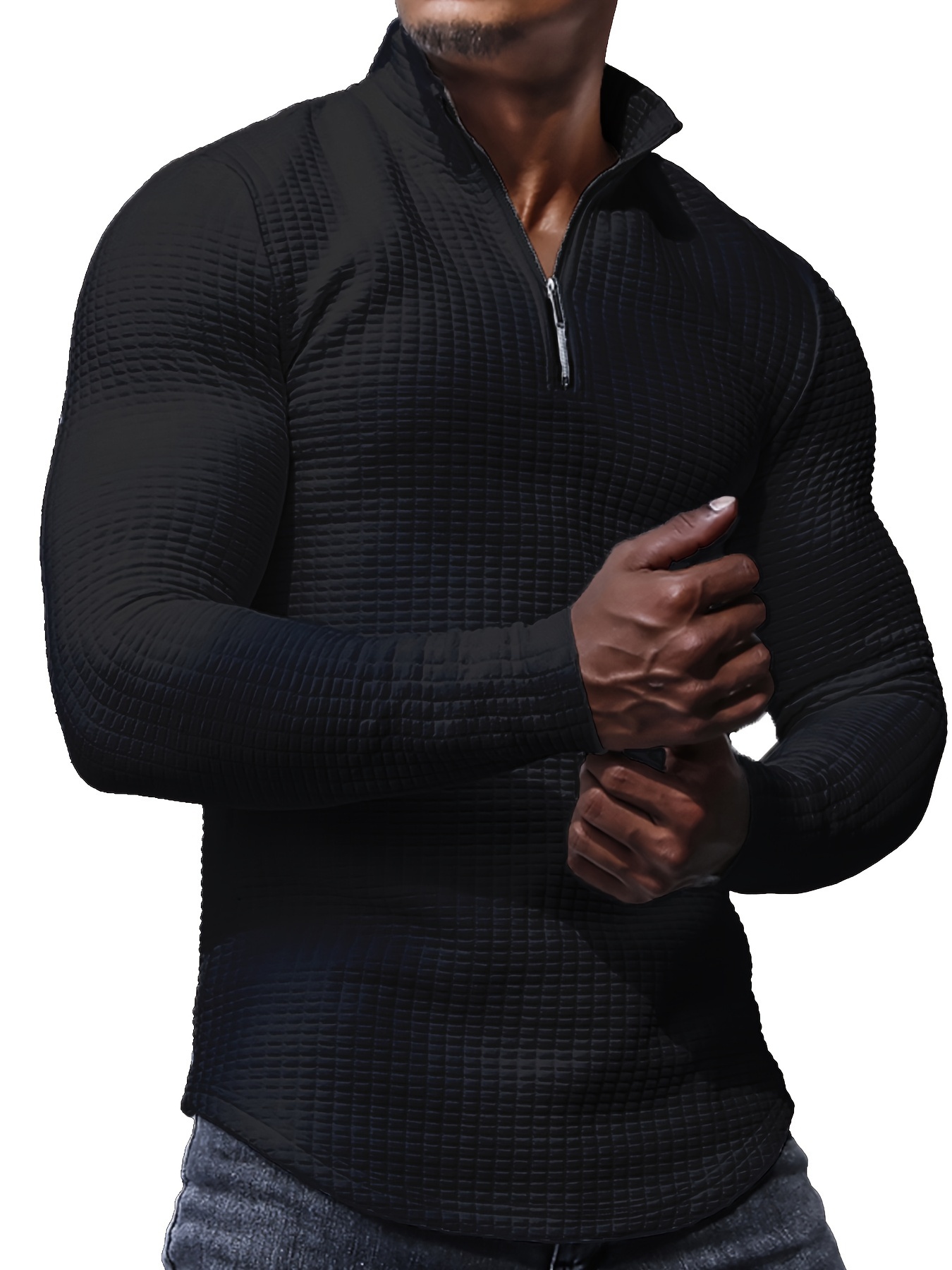 new mens spring and autumn winter solid color jacquard waffle zipper stand collar sweatshirt details 9