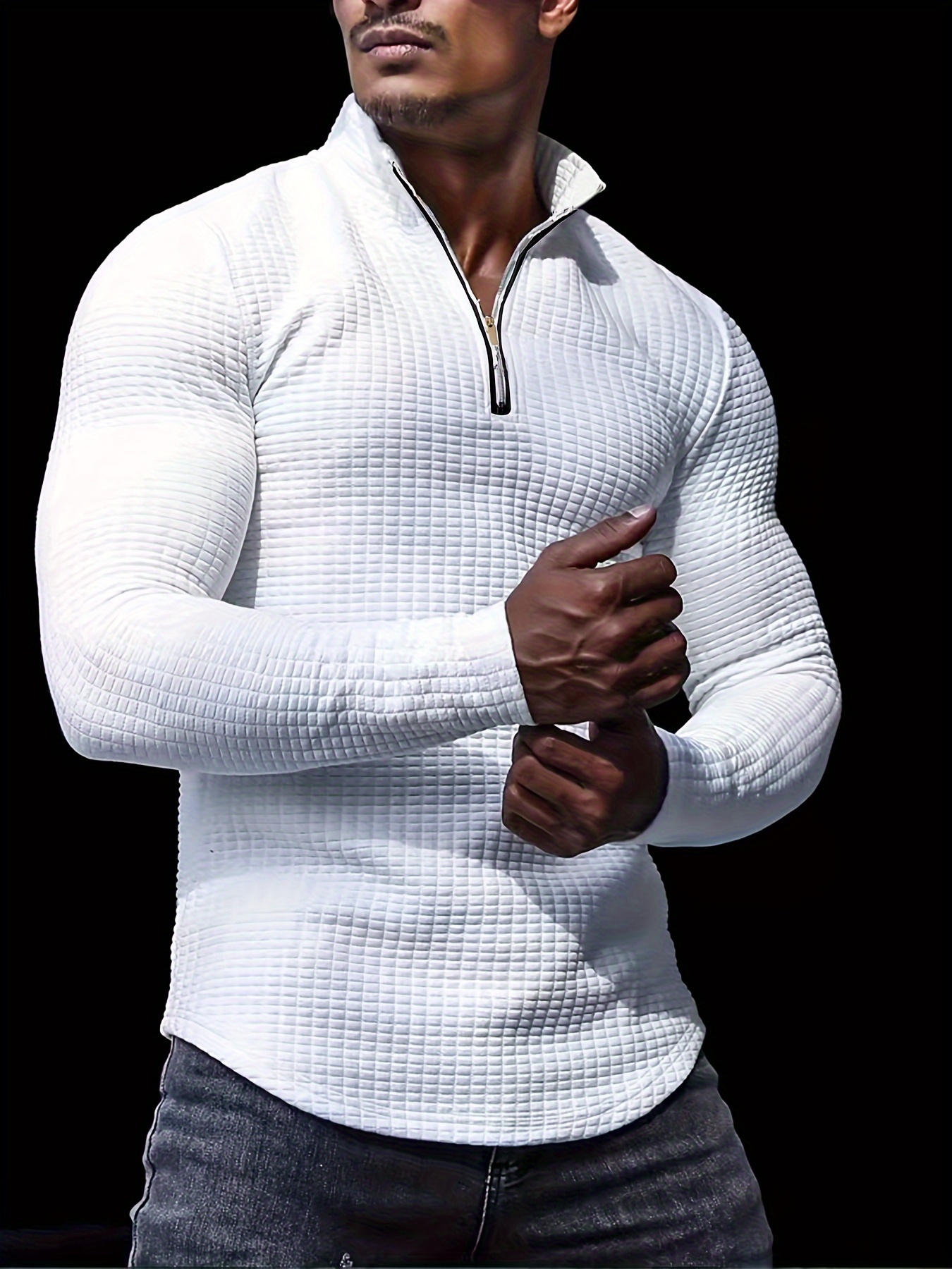 new mens spring and autumn winter solid color jacquard waffle zipper stand collar sweatshirt details 11