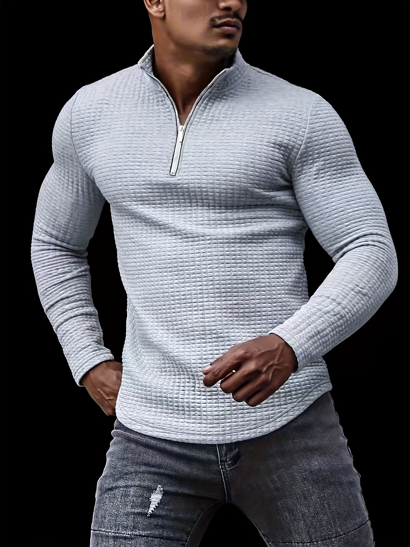 new mens spring and autumn winter solid color jacquard waffle zipper stand collar sweatshirt details 16
