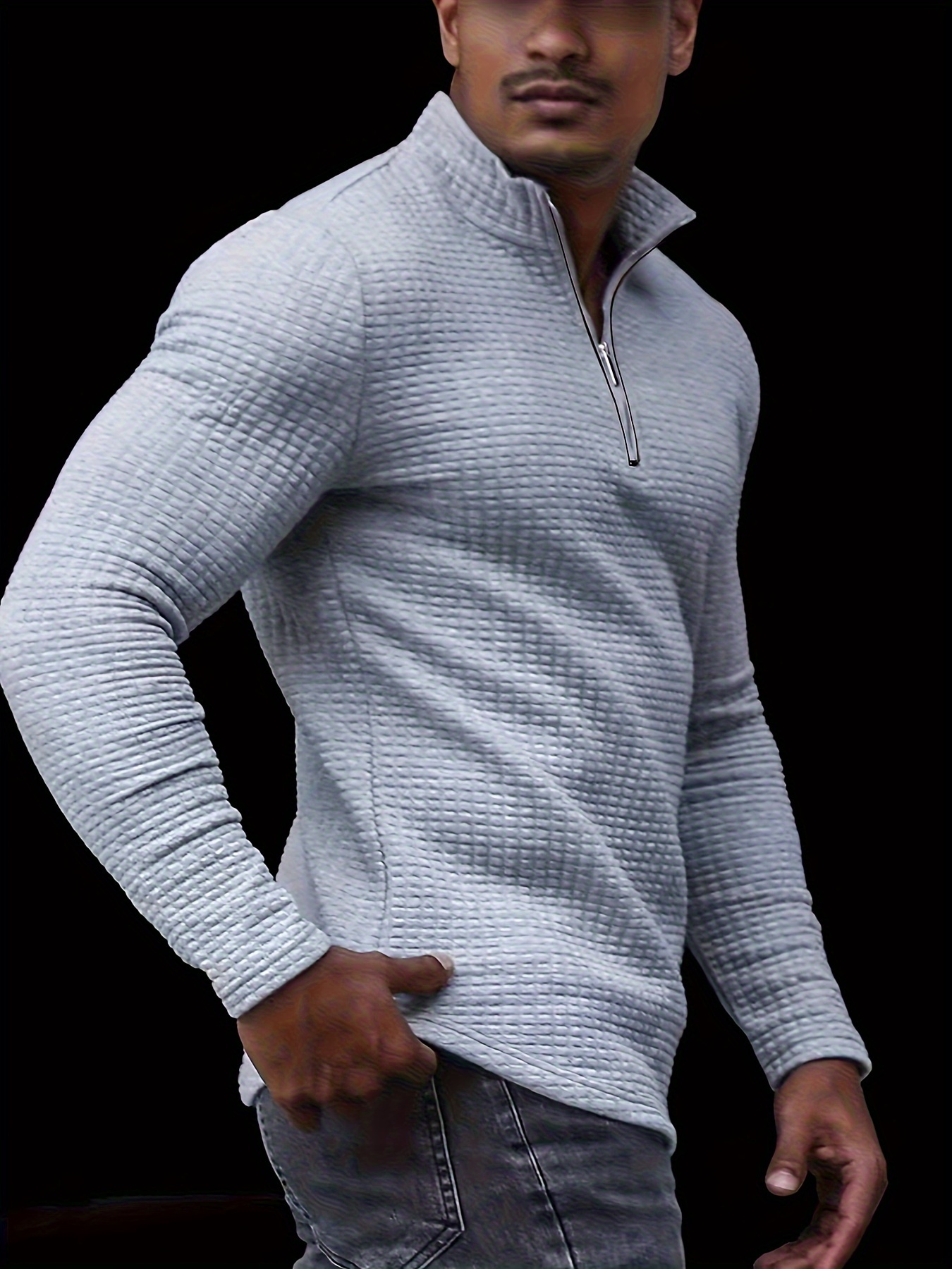 new mens spring and autumn winter solid color jacquard waffle zipper stand collar sweatshirt details 17