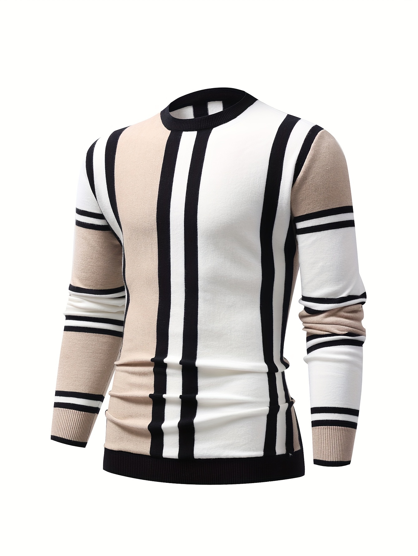 color block design chic sweater mens casual warm high stretch crew neck pullover sweater for fall winter details 6