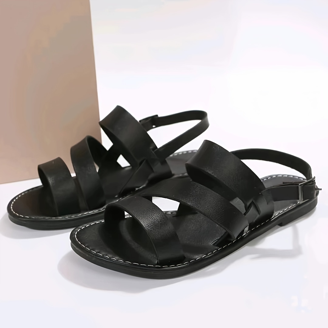 womens roman flat sandals solid color open round toe ankle strap shoes casual beach sandals details 4