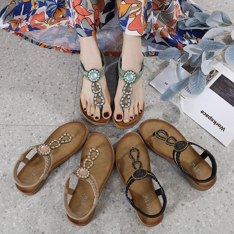 womens rhinestone t strap sandals elastic strap open toe slip on boho style shoes casual seaside vacation shoes details 5